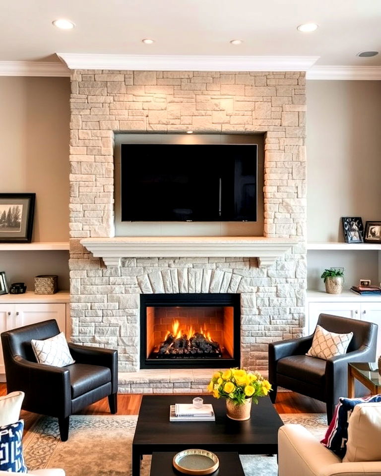 faux stone fireplace with tv niche