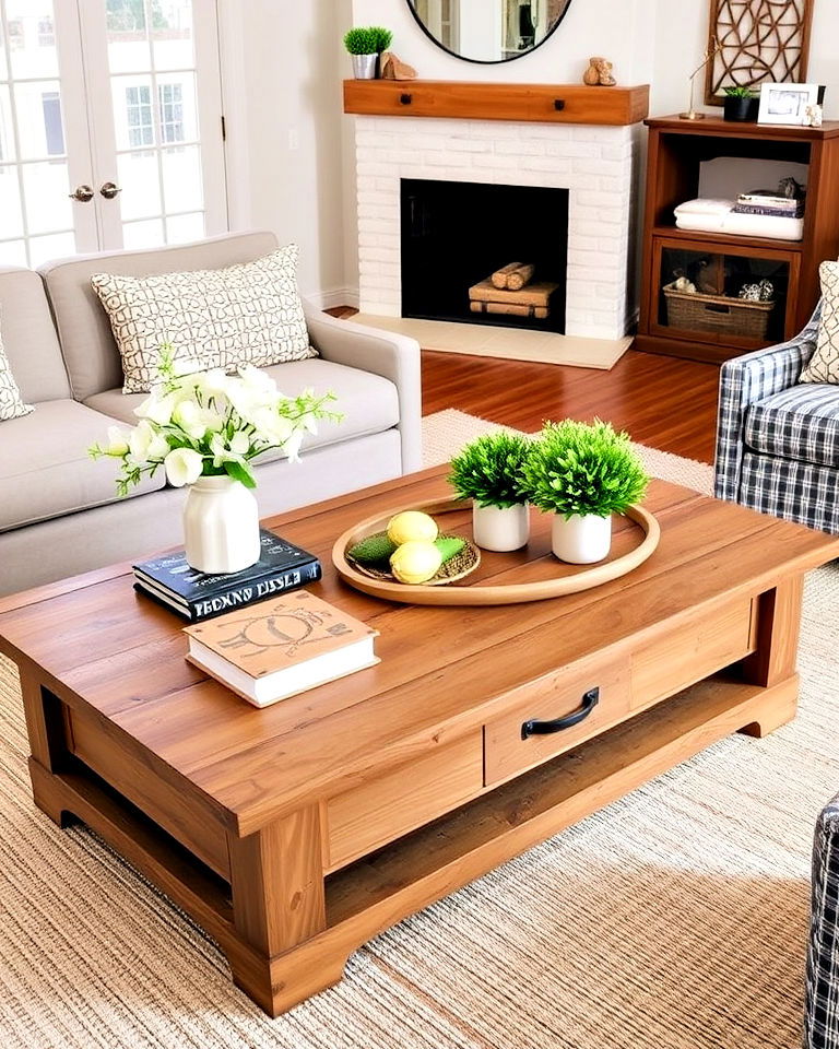 feature a farmhouse style coffee table