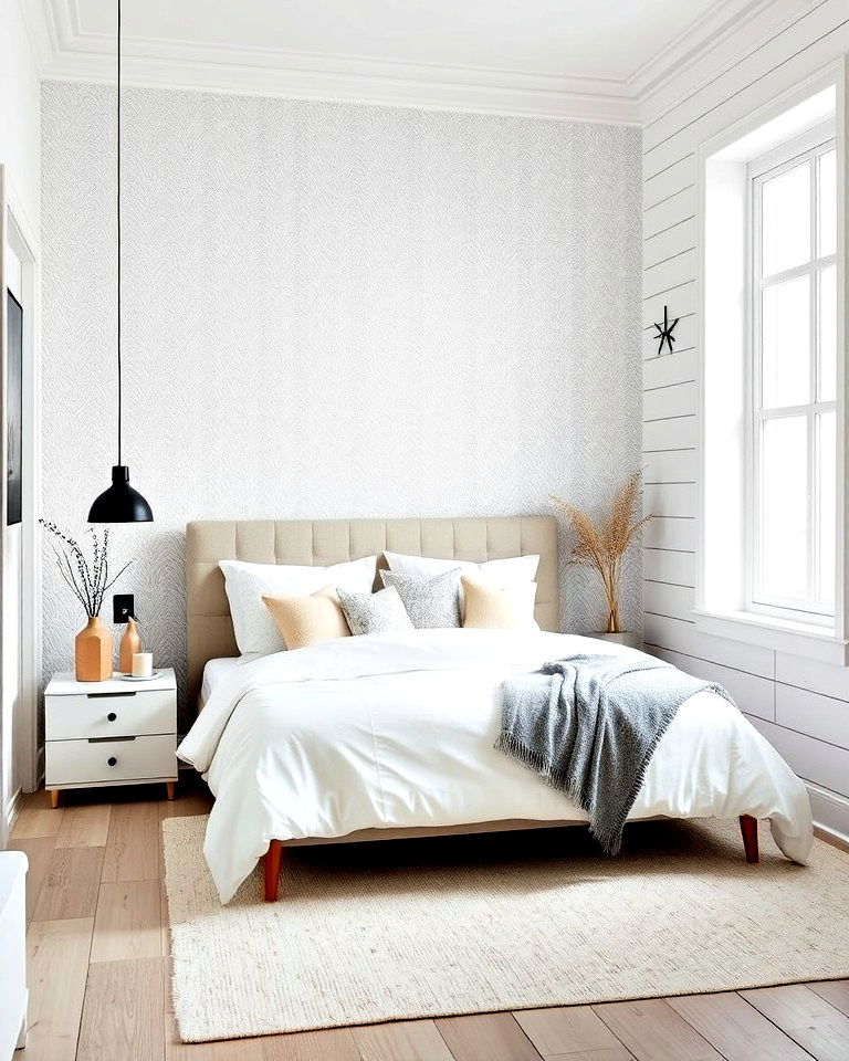 feature walls to add depth to a small white bedroom