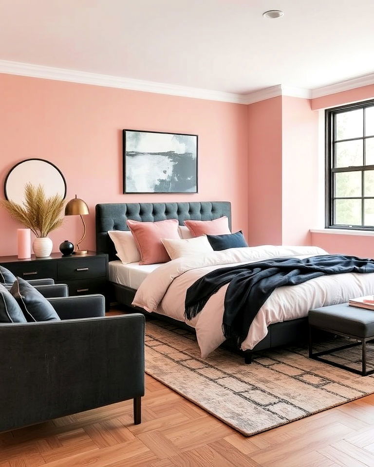 feminine and elegant blush pink and charcoal bedroom