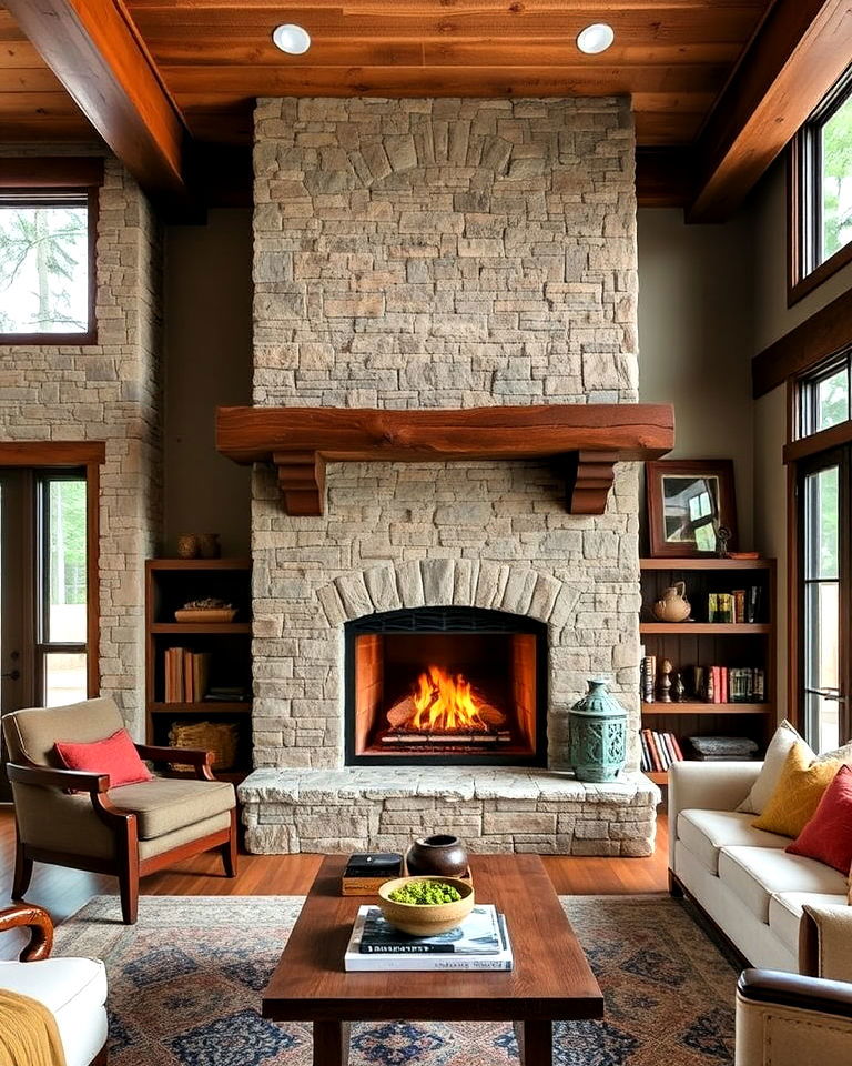 fieldstone and timber craftsman fireplace