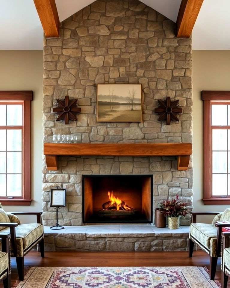 fieldstone craftsman fireplace for living room