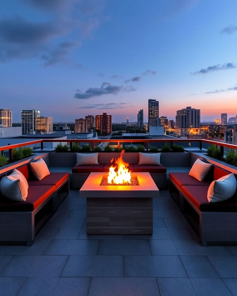 fire table with surrounding built in bench seating