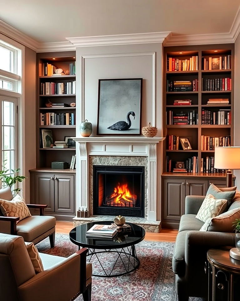 fireplace and bookshelves in a reading alcove idea