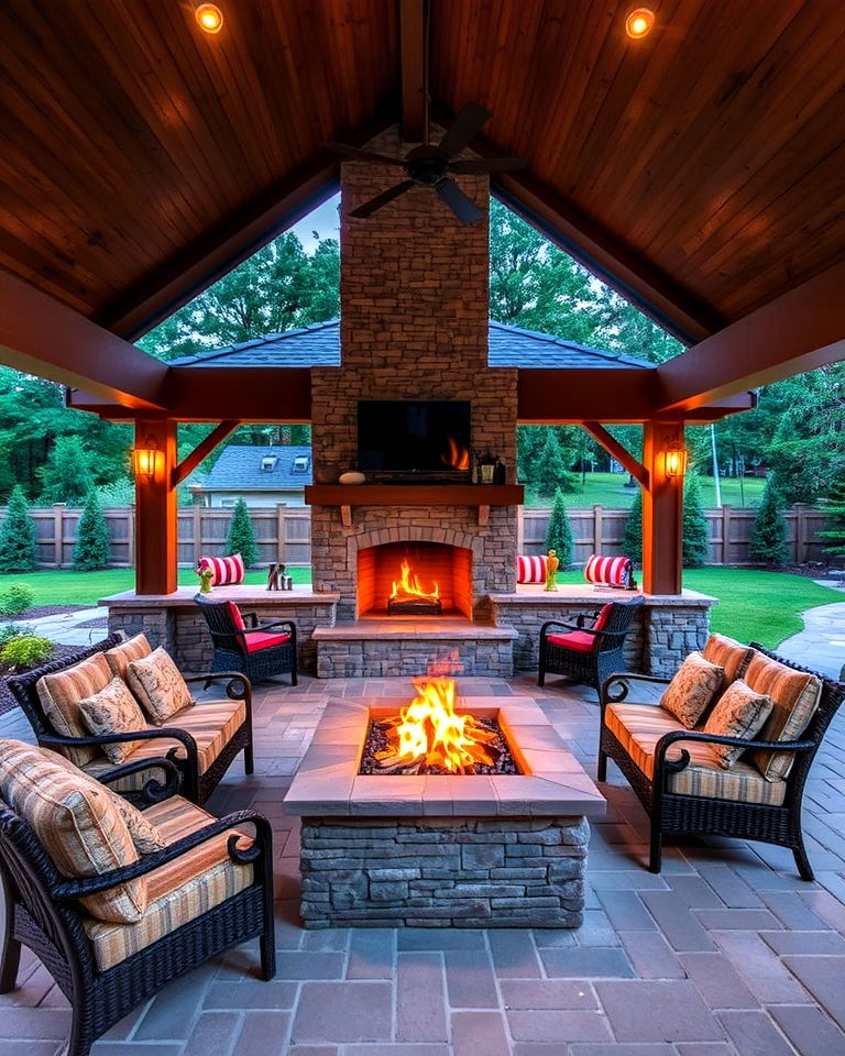 fireplace and fire pit combo for backyard pavilion