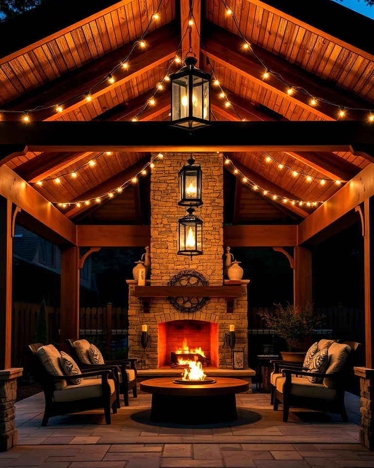 fireplace and hanging lighting for pavilion