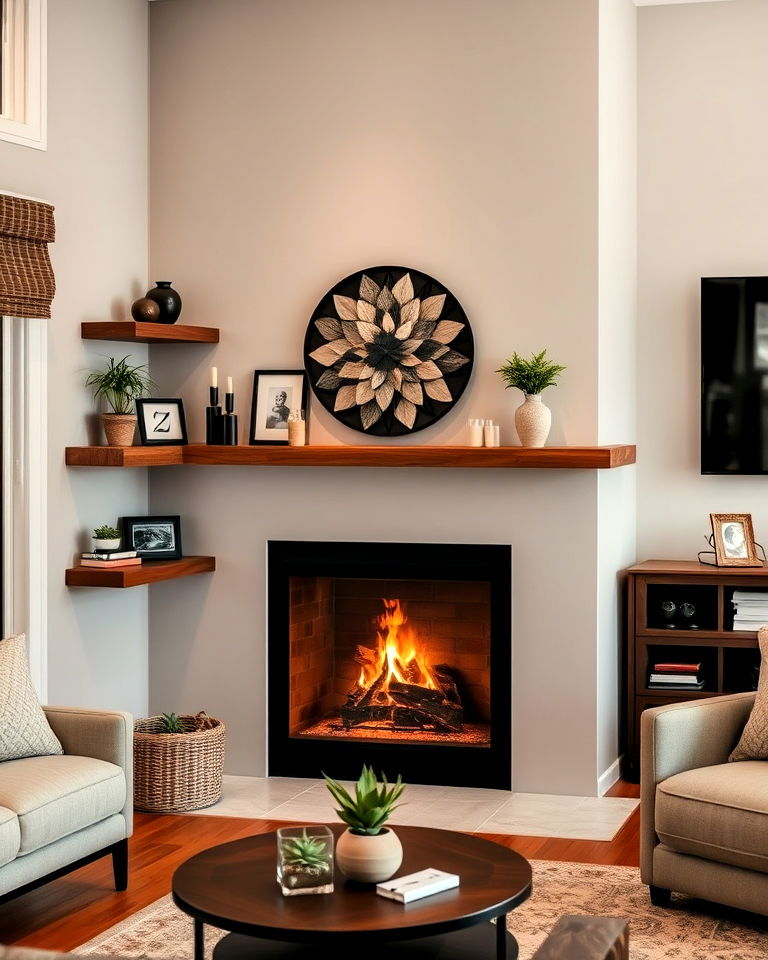 fireplace floating corner shelves