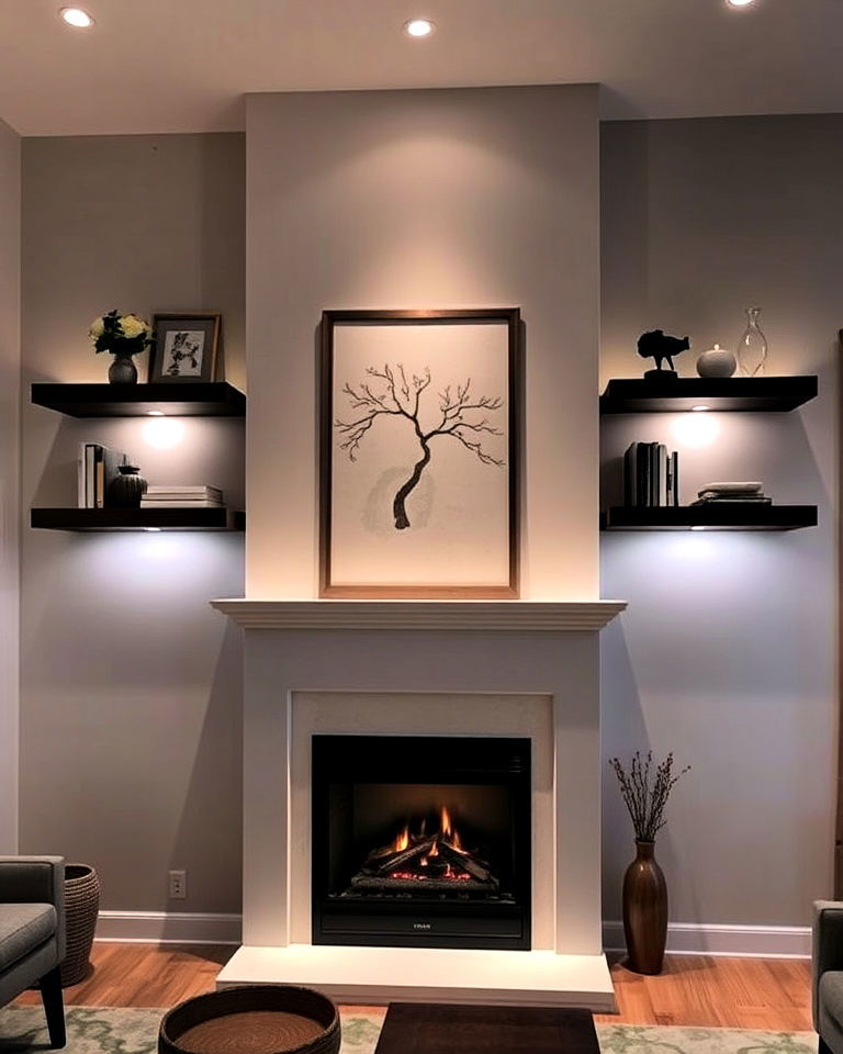 fireplace floating shelves with built in lighting