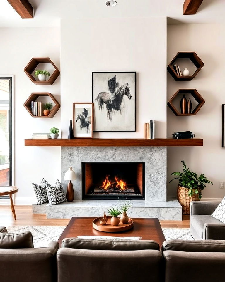 fireplace floating shelves with geometric design