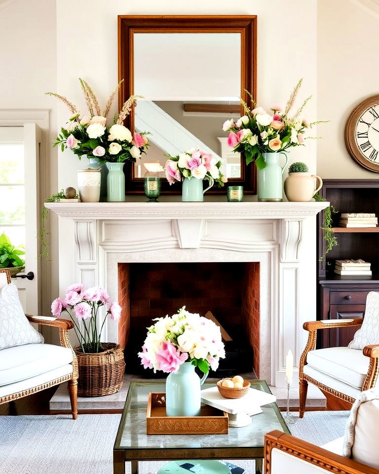 fireplace mantel with floral arrangements