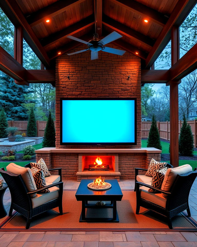 fireplace pavilion with movie setup