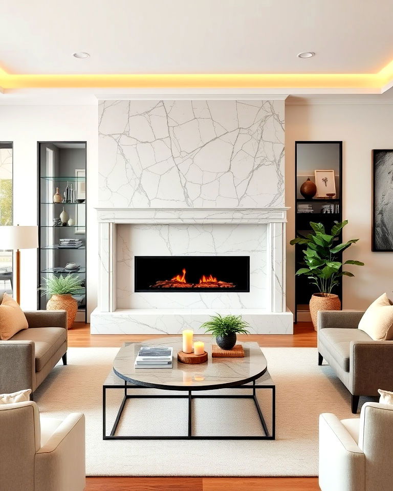 fireplace with a dramatic veined marble surround