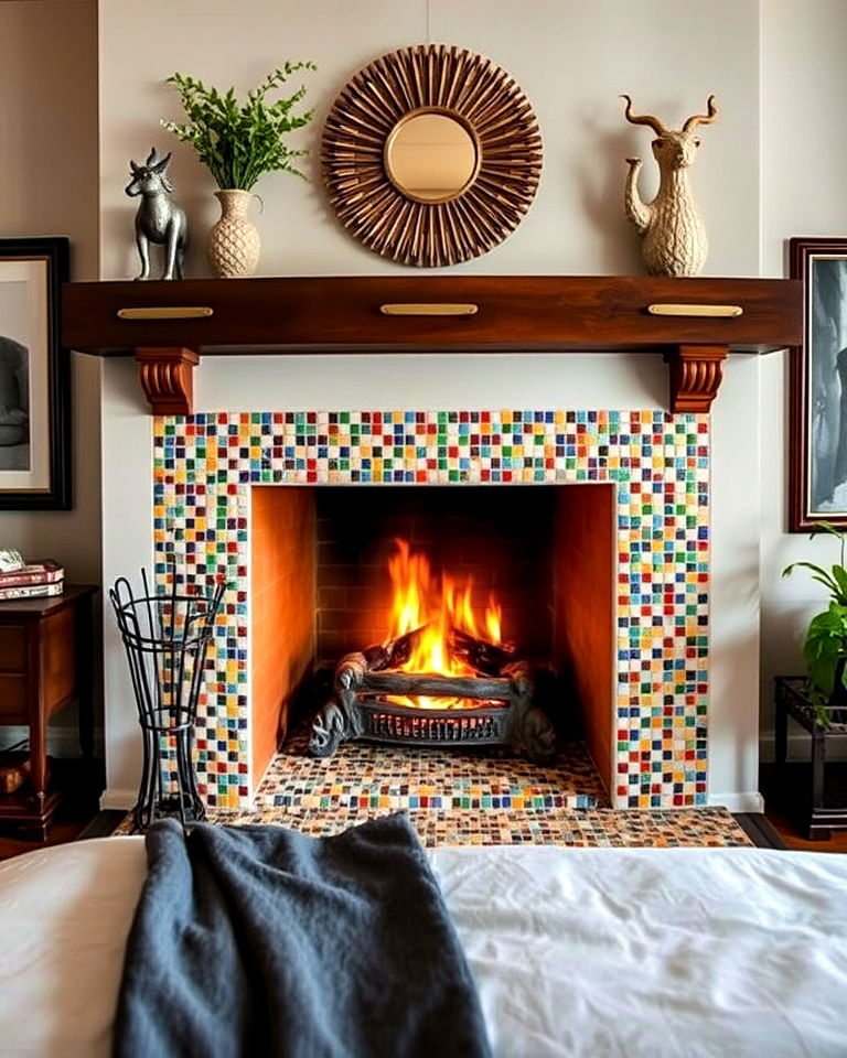 fireplace with a tile mosaic surround