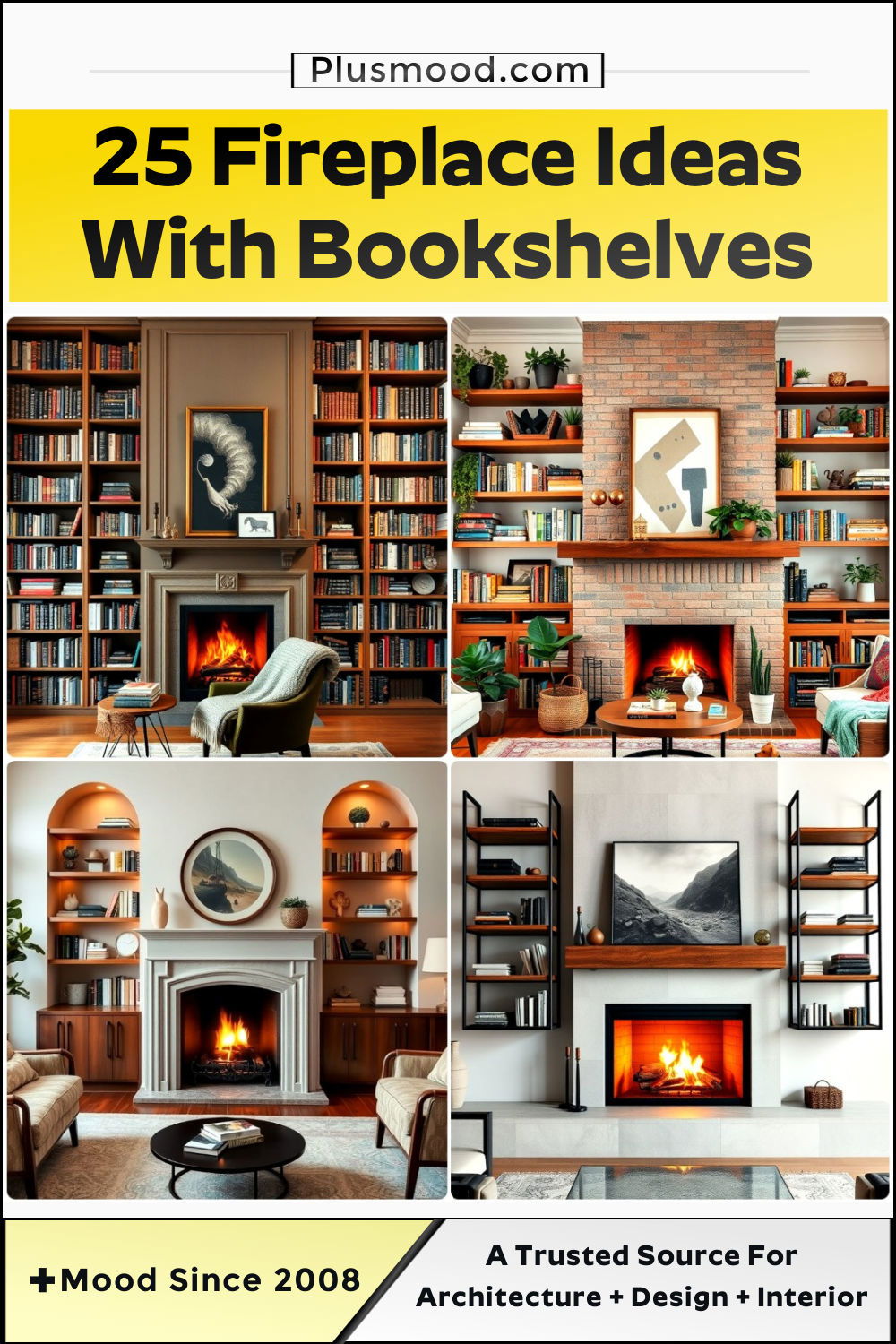 fireplace with bookshelves and inspiration