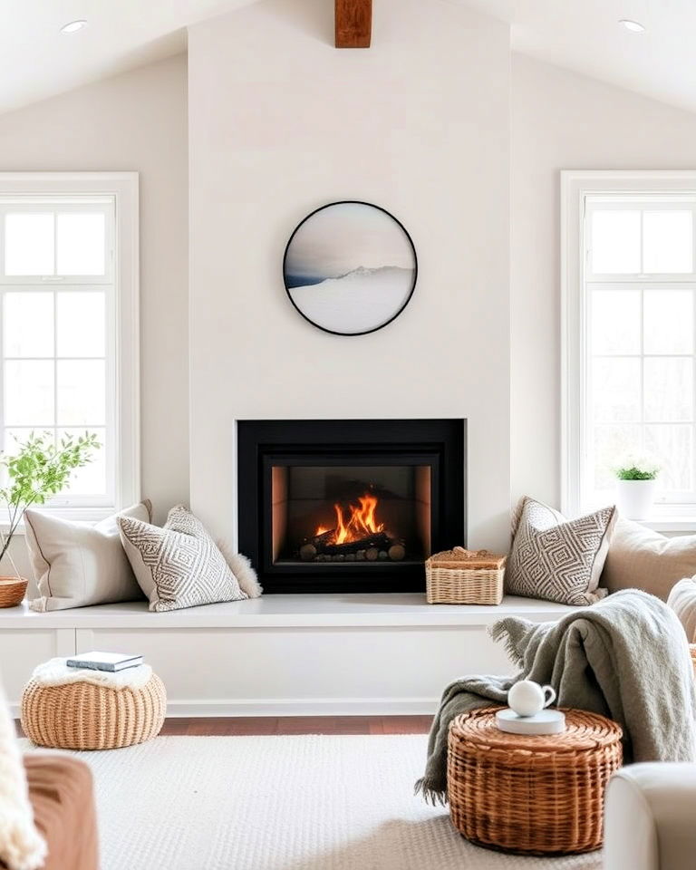 fireplace with built in bench seating