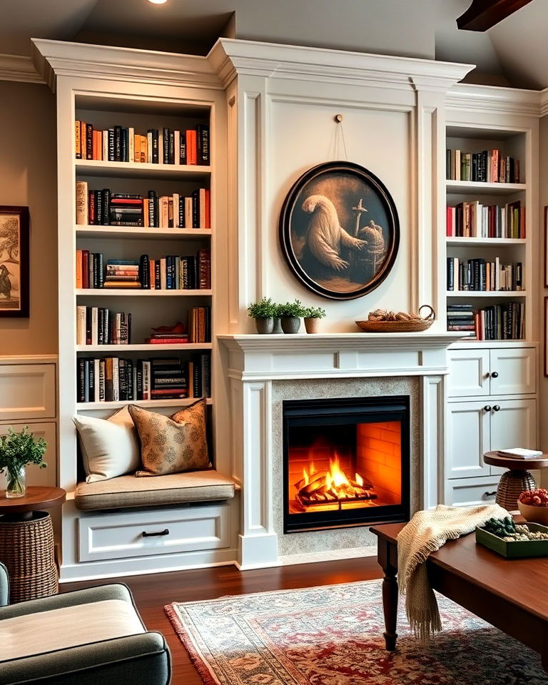 fireplace with built in bookcase and integrated seating