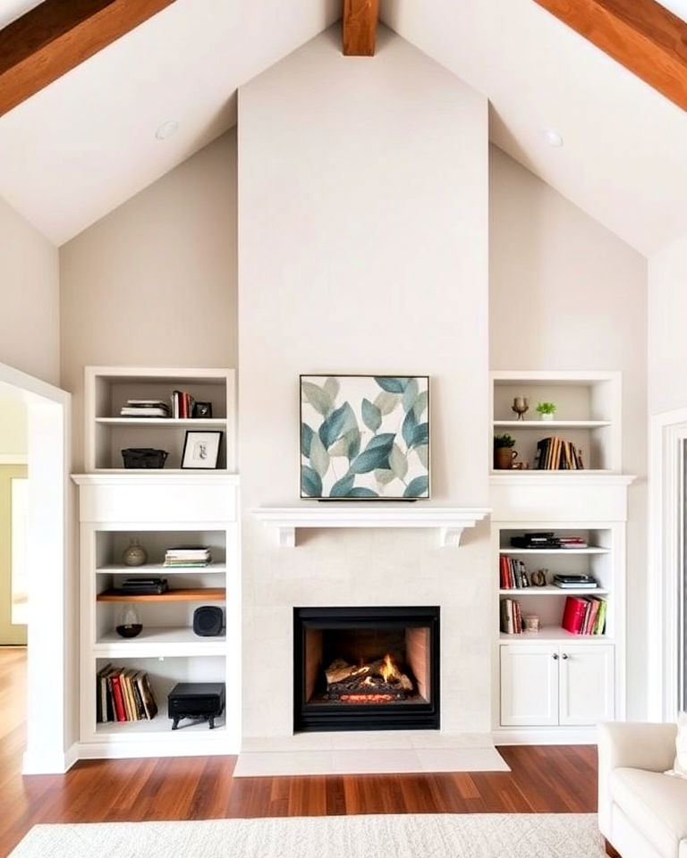 fireplace with built in shelving under vaulted ceiling