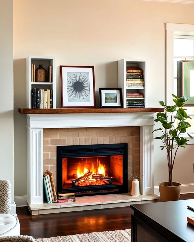 fireplace with compact shelves