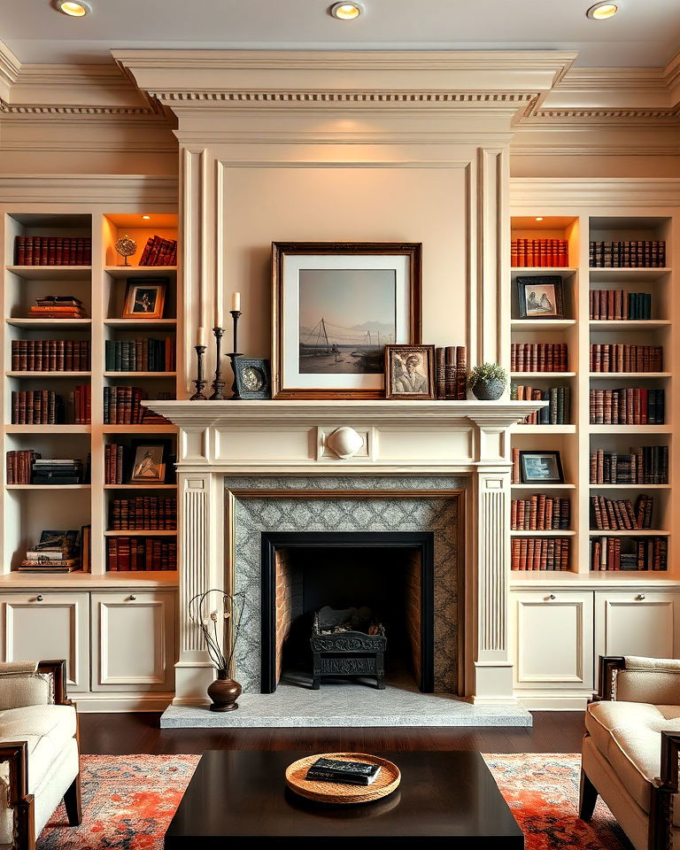 fireplace with crown molding bookshelves