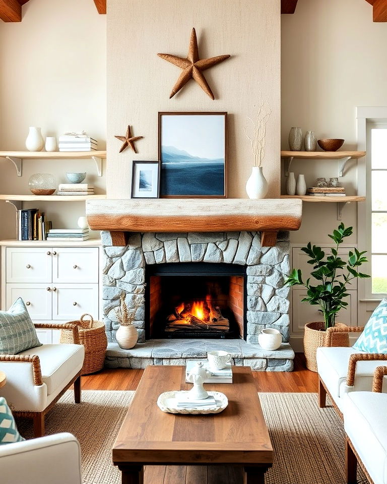 fireplace with driftwood shelving