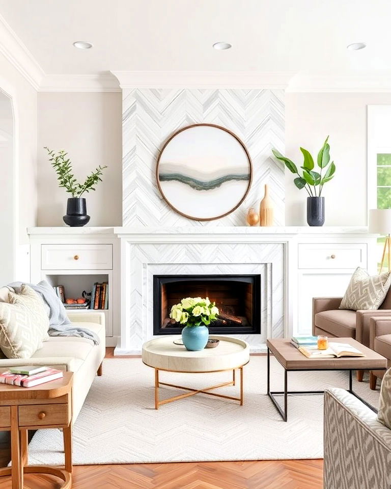 fireplace with dynamic chevron marble tile surround