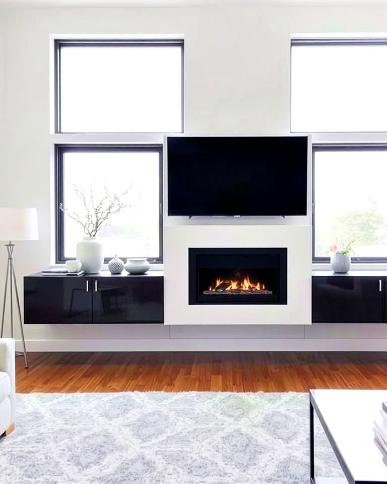 fireplace with floating media console