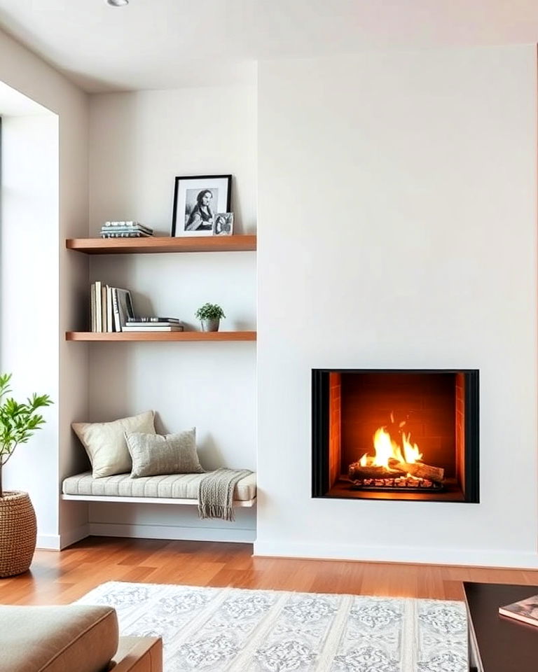 fireplace with floating shelves and integrated seating