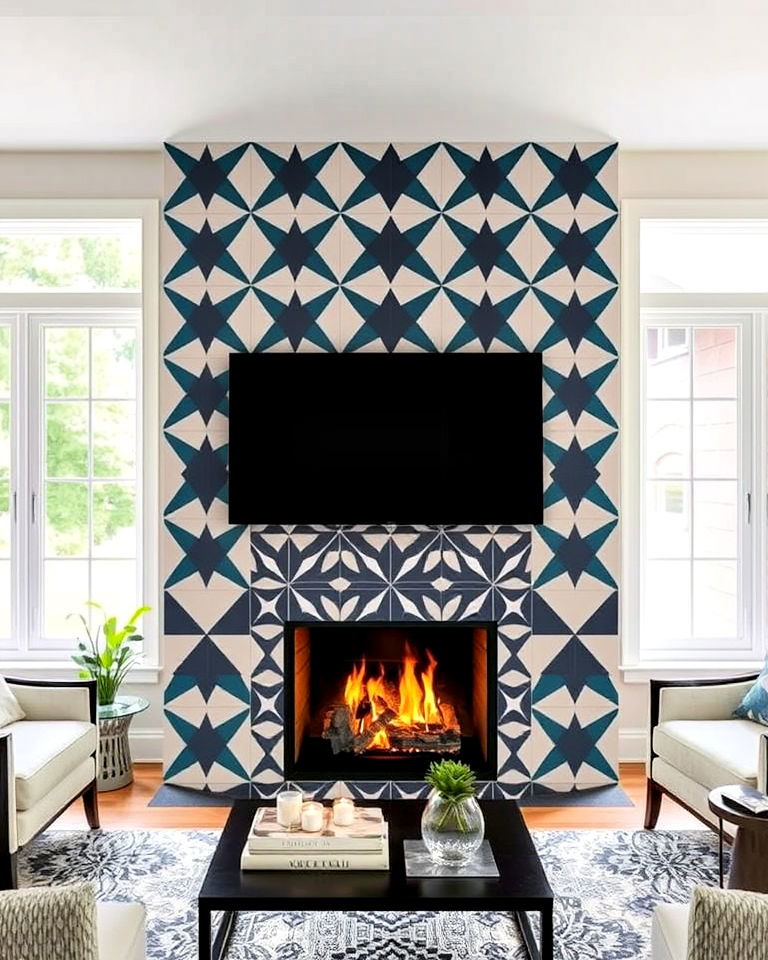 fireplace with geometric tile patterns