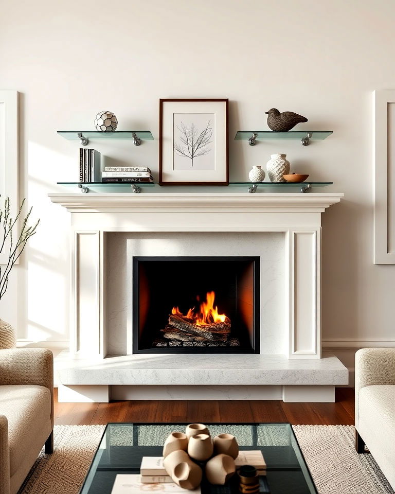 fireplace with glass shelves