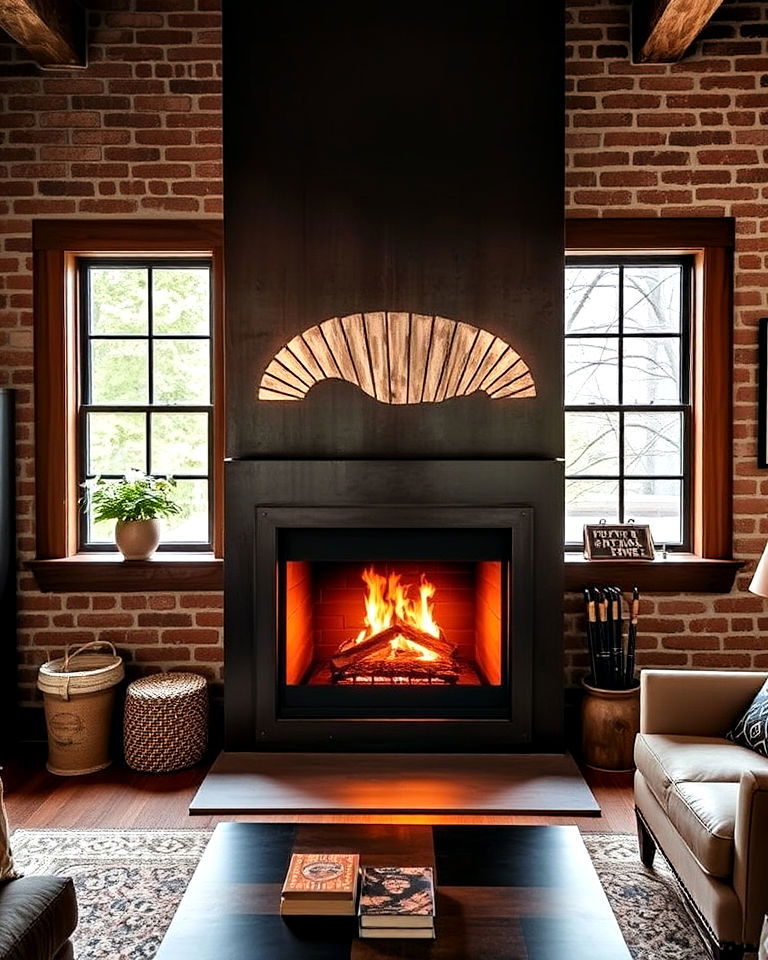 fireplace with industrial metal surround