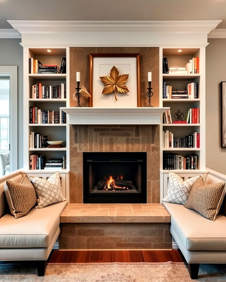 fireplace with integrated bookcase and seating