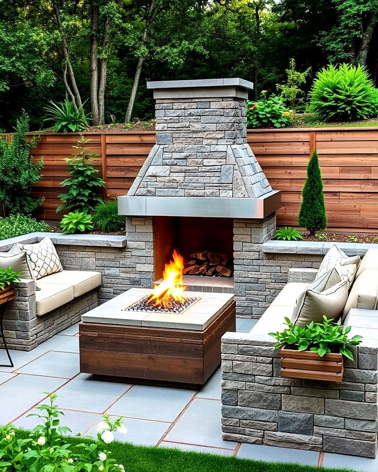 fireplace with integrated seating and planters