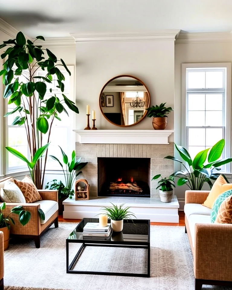 fireplace with large plants