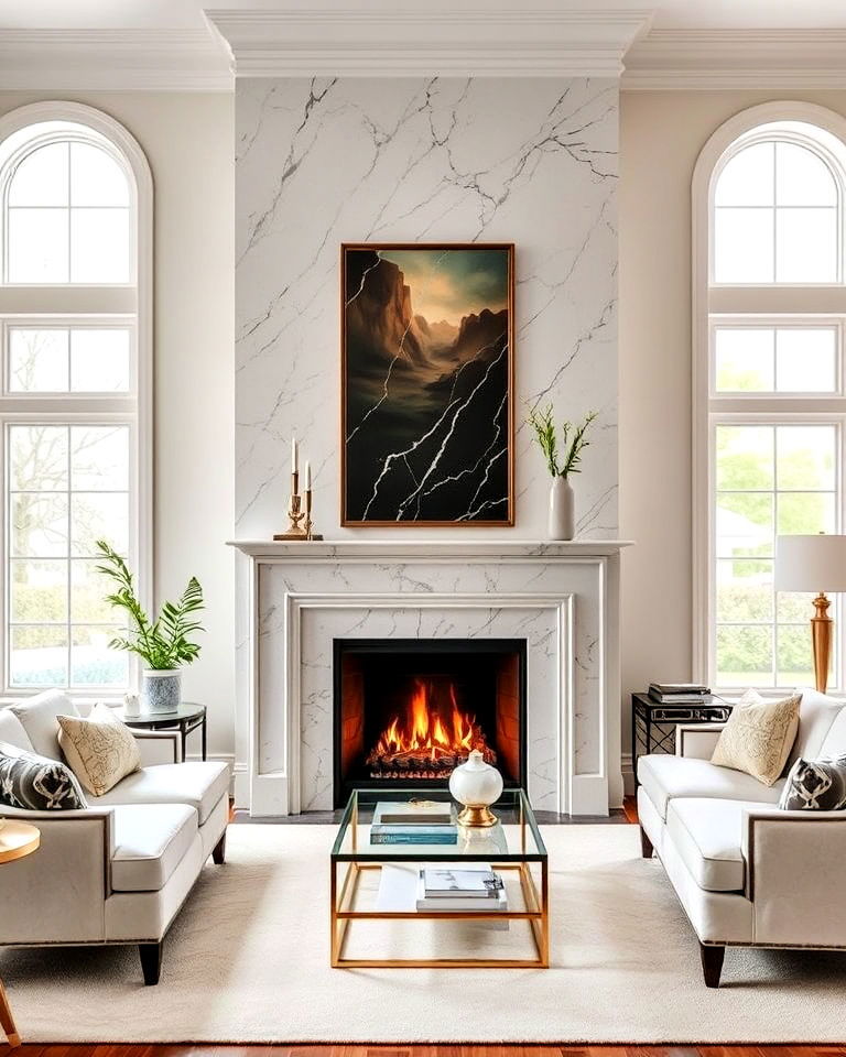 fireplace with marble surround between window