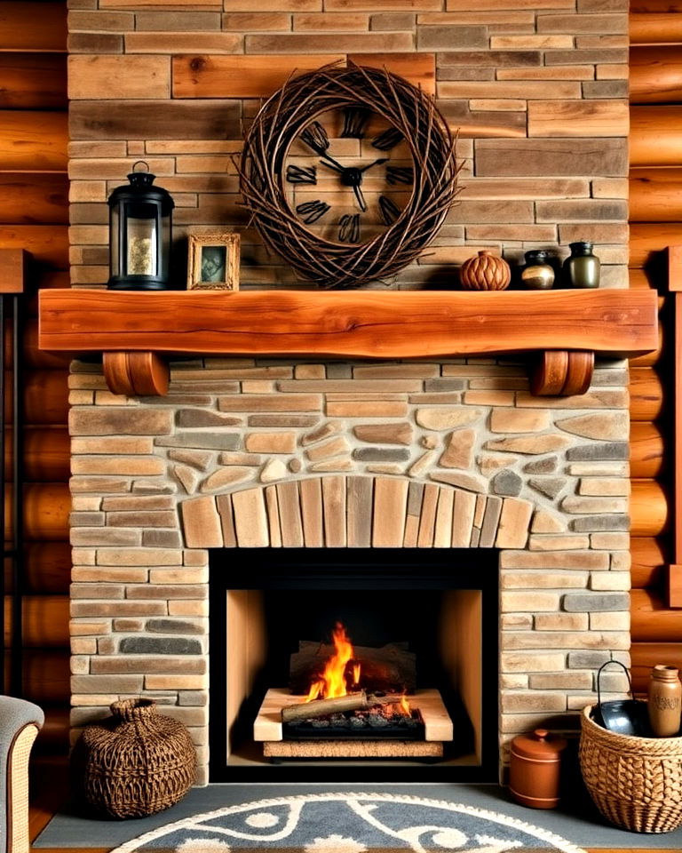 fireplace with reclaimed wood mantel