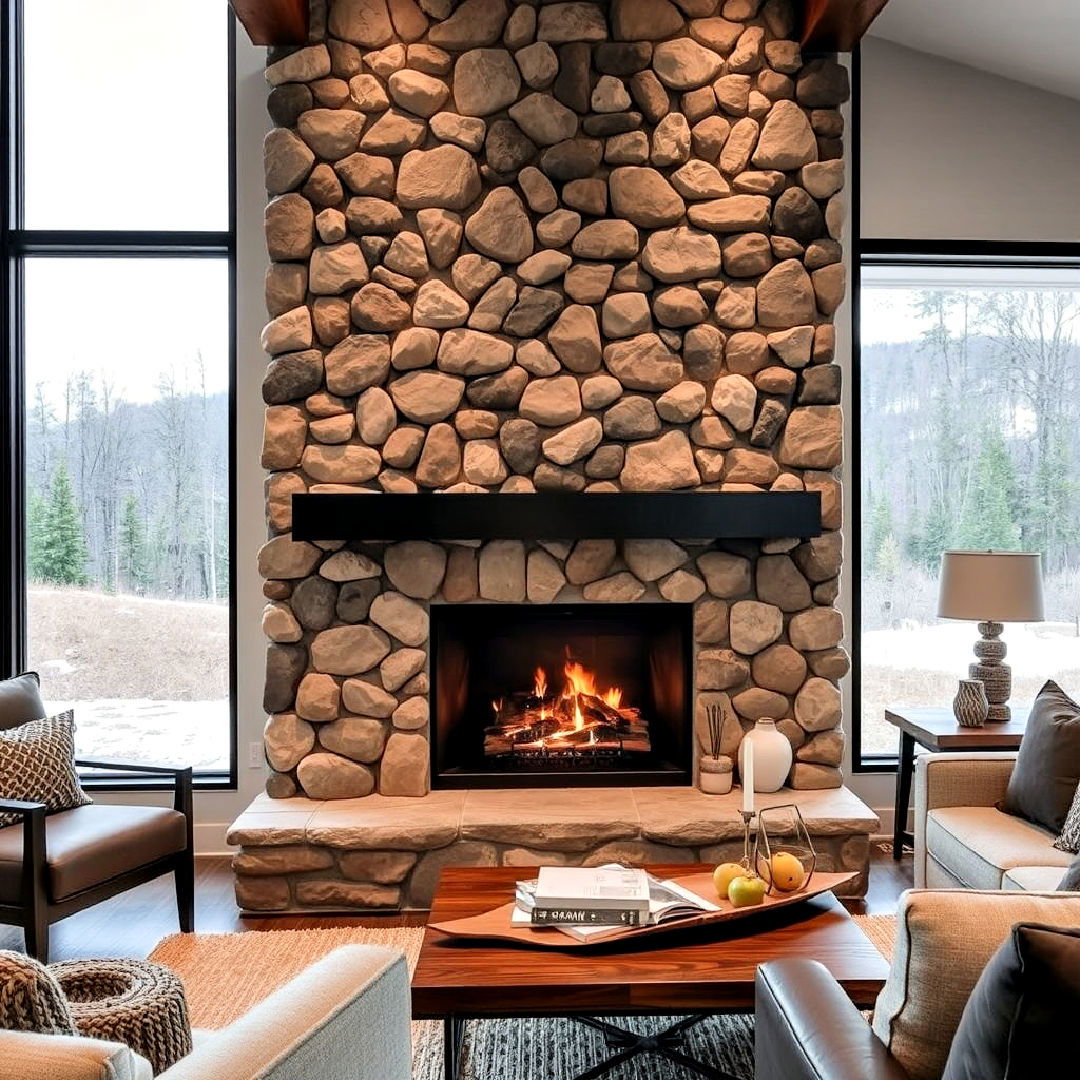 fireplace with river rock surround and metal accents