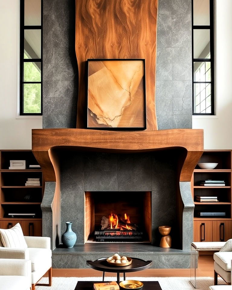 fireplace with sculptural mantel for artistic flair