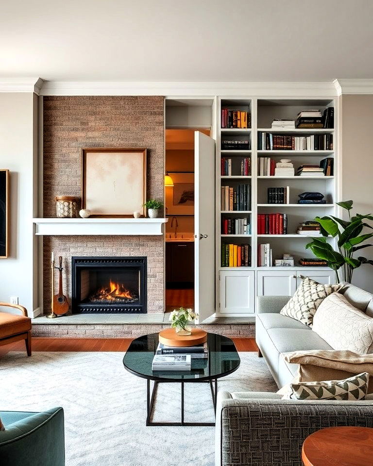 fireplace with secret bookcase door for mystery