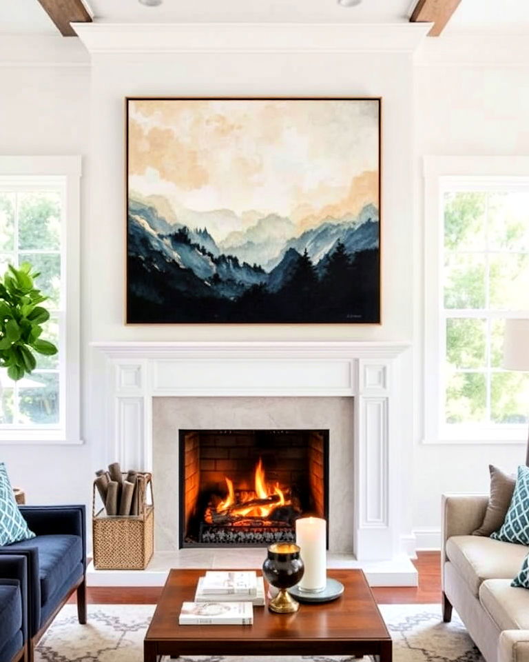 fireplace with statement artwork