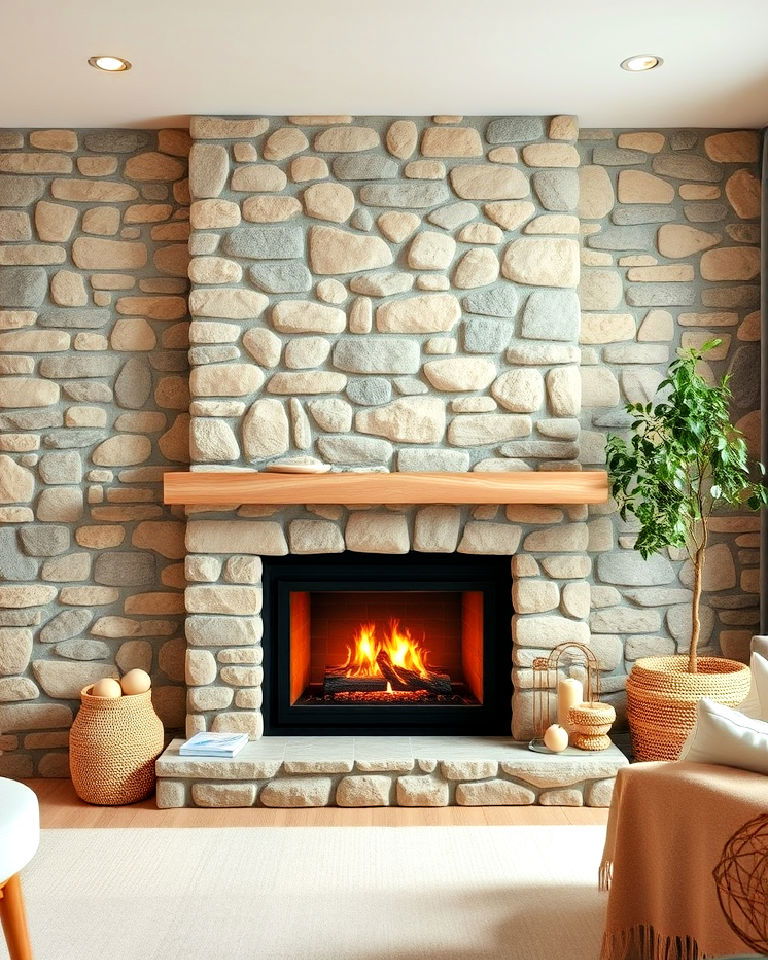 fireplace with stone accent wall for scandinavian design