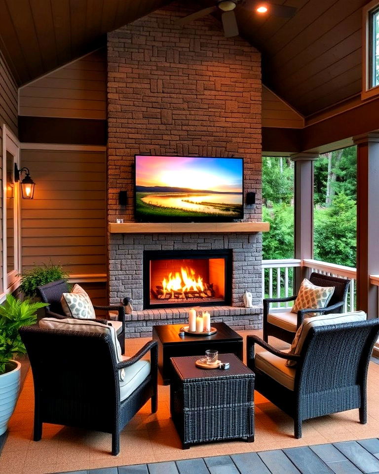 fireplace with tv mount for porch entertainment