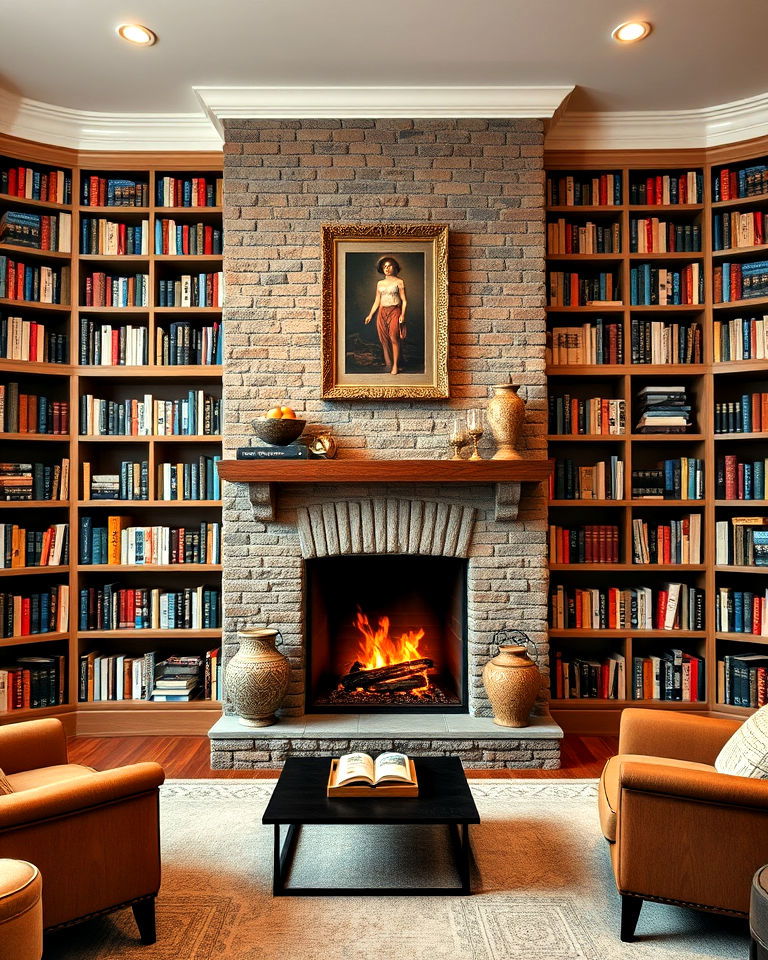 fireplace with wraparound bookshelves design