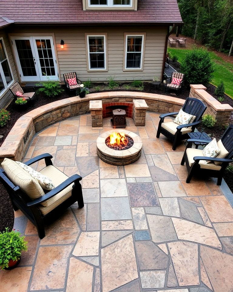 flagstone patterned stamped concrete patio with a cozy fire pit