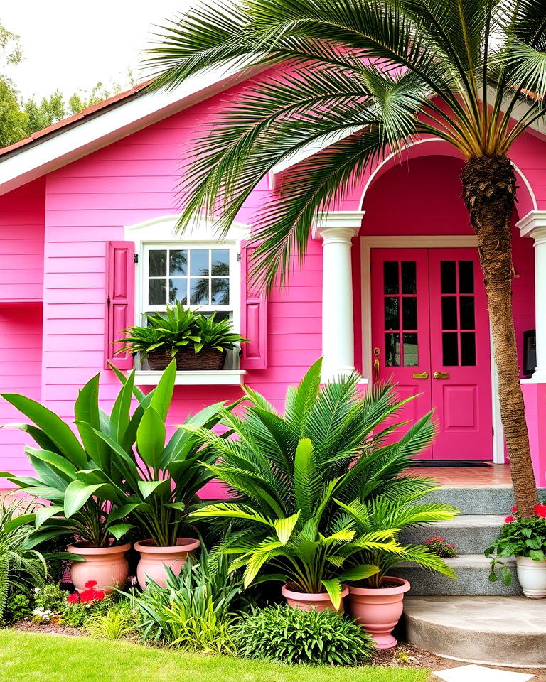 flamingo pink house exterior with greenery