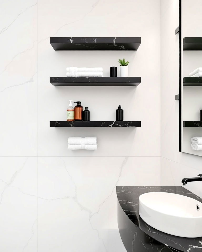 floating black marble shelves for bathroom