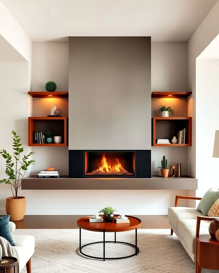 floating fireplace with open shelving