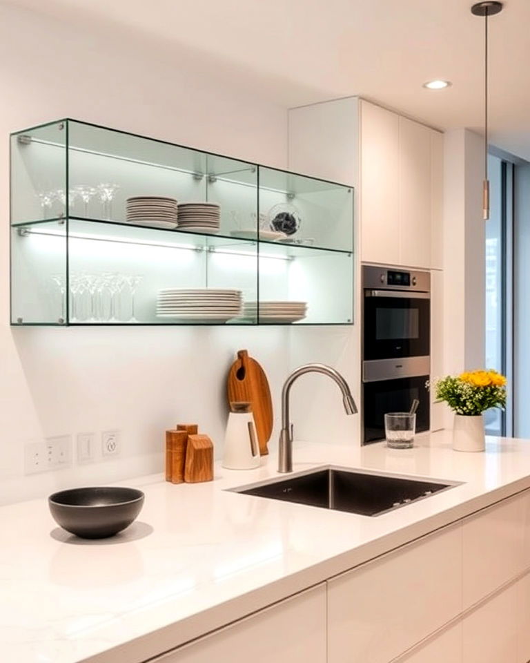 floating glass shelves kitchen
