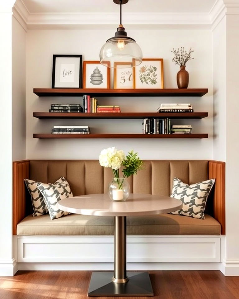 floating shelves above the banquette
