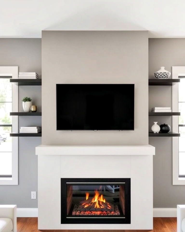 floating shelves for a minimalist fireplace between window