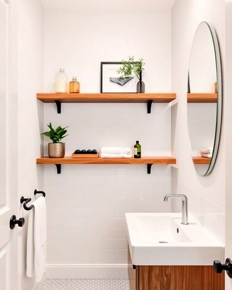 floating shelves for hallway bathroom display